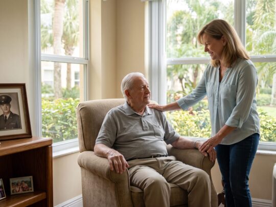 An elderly military veteran and his adult daughter smiling in a comfortable private studio at a community offering veterans assisted living in Fort Myers FL.