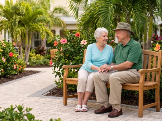 An elderly married couple holding hands on a garden bench exploring senior living for couples with different care needs Fort Myers.