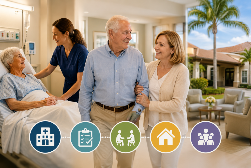 "Elderly man using a walker assisted by a family member, while a nurse comforts an elderly woman in a hospital bed, transitioning to a cozy assisted living environment in Fort Myers. The scene features red-themed accents, emphasizing family support, care, and a home-like atmosphere."