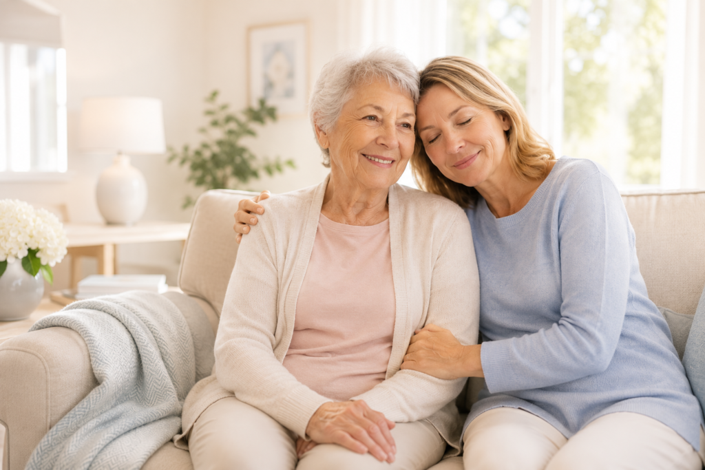 "Two women sharing a tender moment on a sunlit beige sofa in a cozy living room, representing caregiver respite care in Fort Myers. The scene uses soft pastel tones and a light, soothing color palette to convey warmth, comfort, and support."