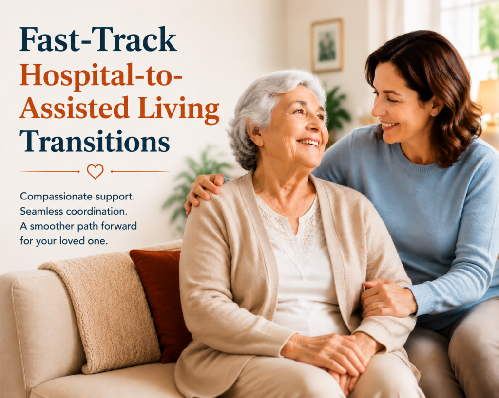 Fast-track hospital-to-assisted living transitions with compassionate support for seniors and families, highlighting a smooth move from hospital care to a comfortable assisted living environment with personalized coordination and guidance.
