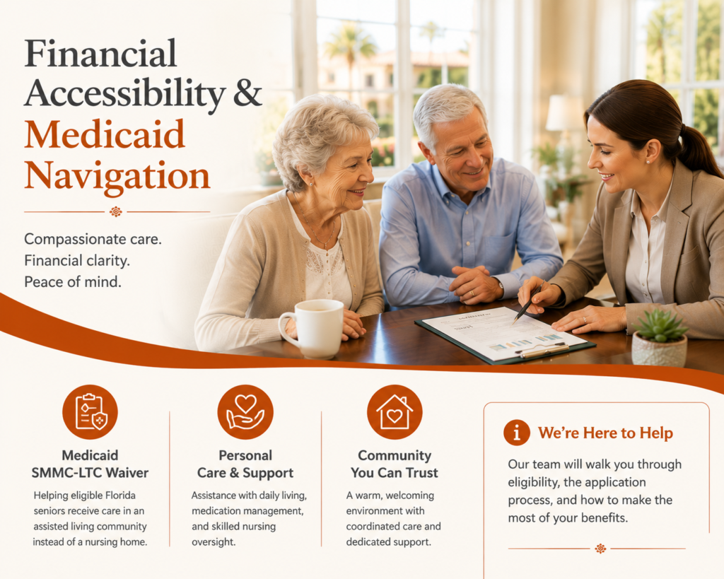 Medicaid accepted assisted living in Fort Myers with a senior resident and family advisor discussing care options, financial planning, and Florida SMMC-LTC waiver assistance to help families navigate affordable senior care solutions.