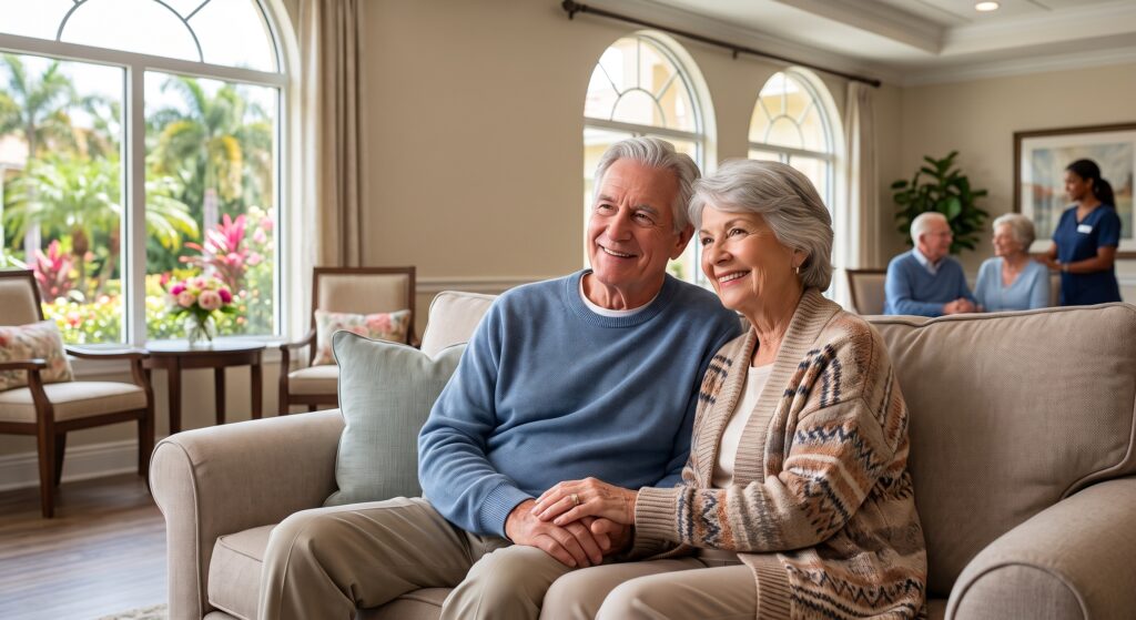 Alt Text: An elderly husband and wife sitting together on a comfortable sofa in an assisted living for couples in Fort Myers community.