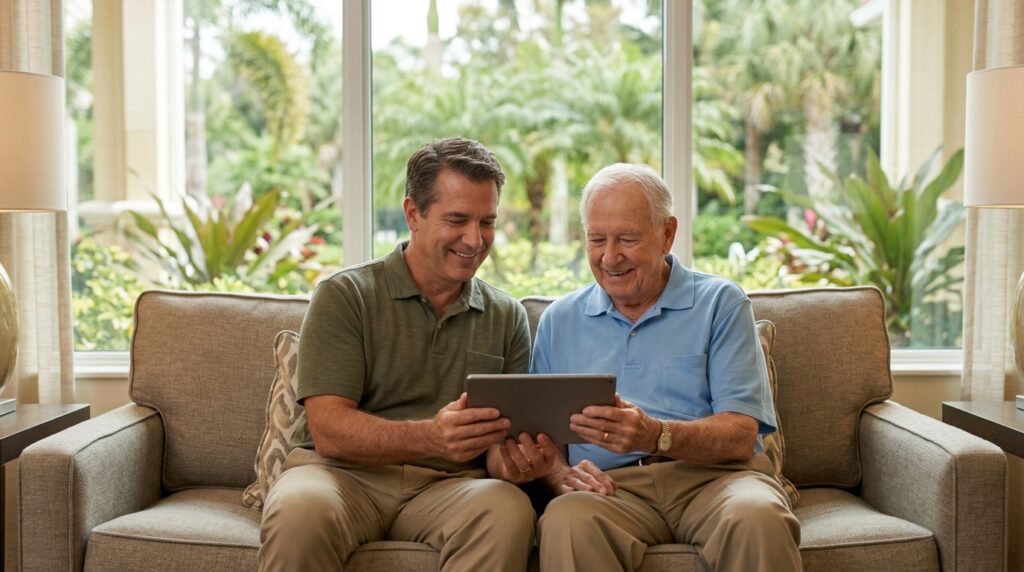 An adult son and his elderly father comparing assisted living vs nursing home in Fort Myers options on a tablet.