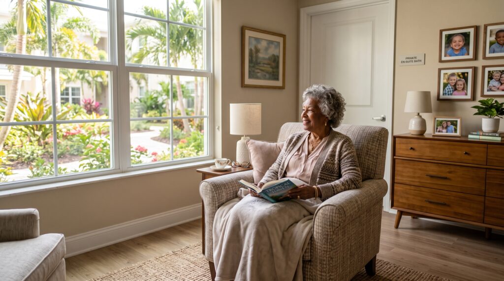 A senior resident relaxing in her sunlit private studio apartment at an assisted living with private rooms in Fort Myers community.