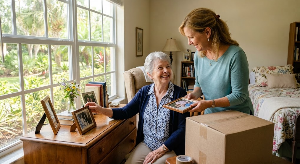 An adult daughter helping her mother with how to transition a parent to assisted living in Fort Myers.