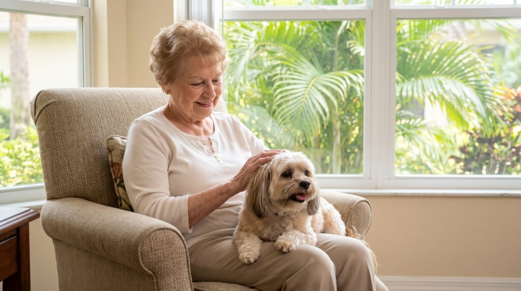 An elderly woman sitting in an armchair with her small dog at a pet friendly assisted living in Fort Myers FL community.