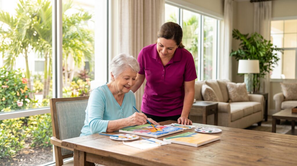Seniors and staff enjoying lively senior living activities in Fort Myers FL inside an art lounge.