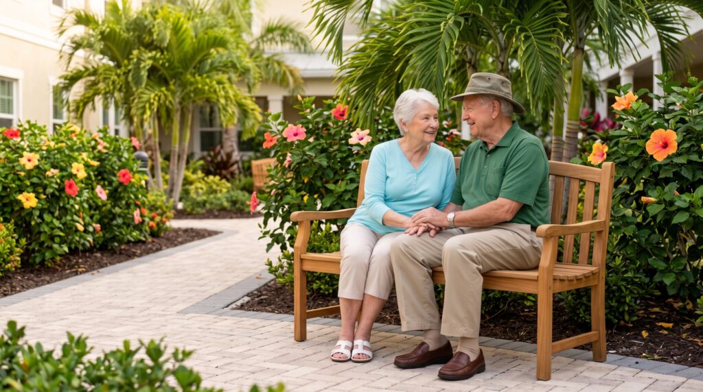 An elderly married couple holding hands on a garden bench exploring senior living for couples with different care needs Fort Myers.