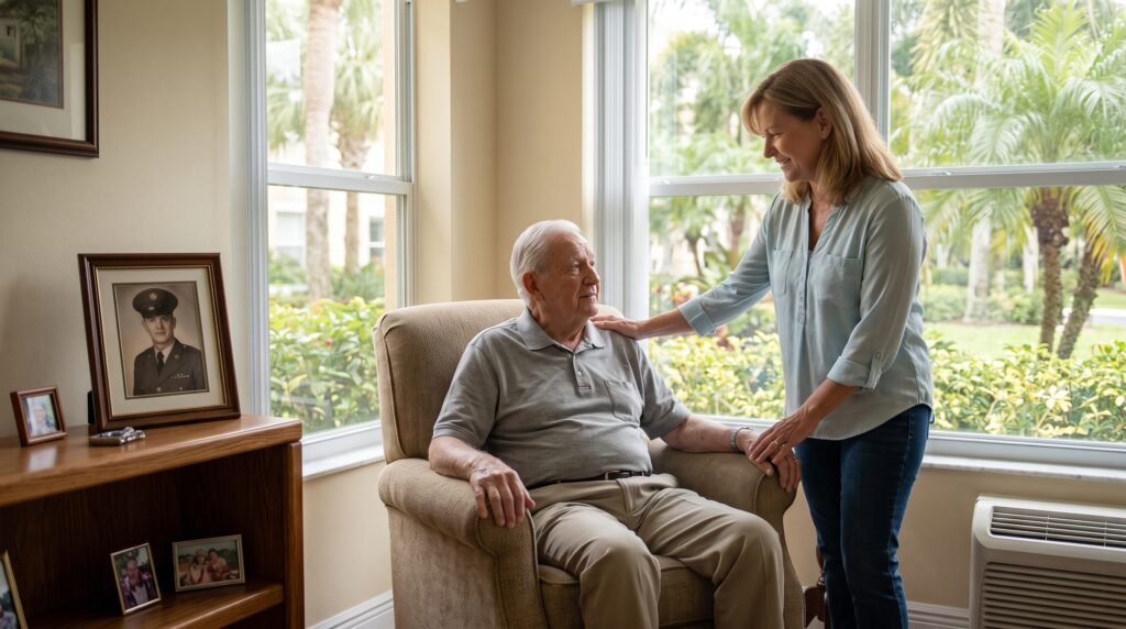 An elderly military veteran and his adult daughter smiling in a comfortable private studio at a community offering veterans assisted living in Fort Myers FL.