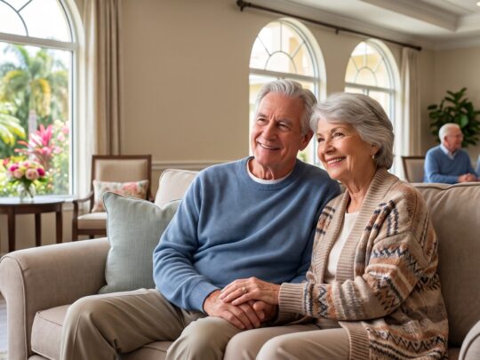 Alt Text: An elderly husband and wife sitting together on a comfortable sofa in an assisted living for couples in Fort Myers community.