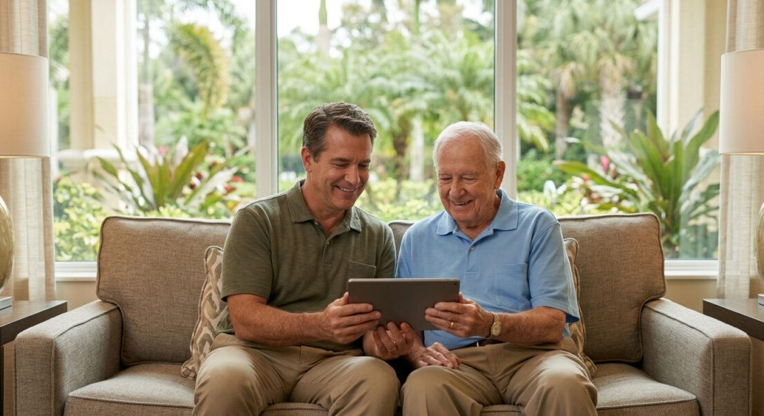 An adult son and his elderly father comparing assisted living vs nursing home in Fort Myers options on a tablet.