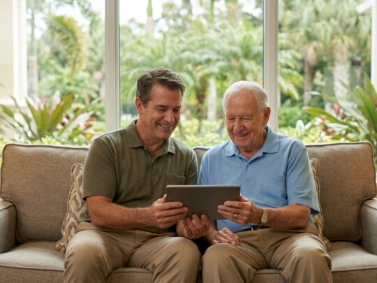 An adult son and his elderly father comparing assisted living vs nursing home in Fort Myers options on a tablet.