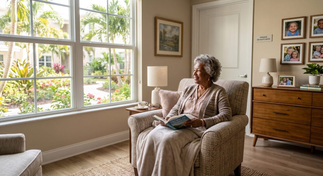 A senior resident relaxing in her sunlit private studio apartment at an assisted living with private rooms in Fort Myers community.