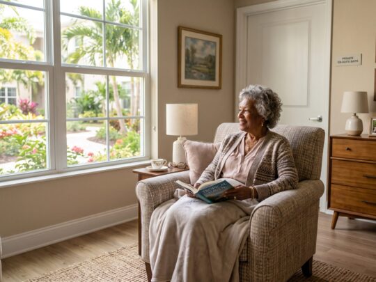 A senior resident relaxing in her sunlit private studio apartment at an assisted living with private rooms in Fort Myers community.