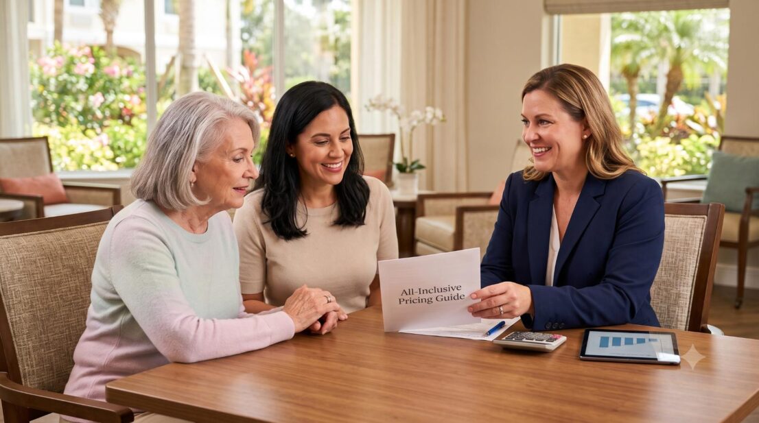 Senior mother and adult daughter reviewing an all-inclusive pricing guide with a staff member at The Rose Garden of Fort Myers assisted living community