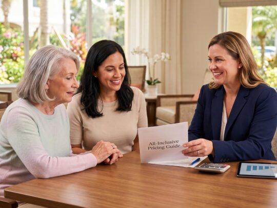 cost-assisted-living-fort-myers-no-hidden-fees Senior mother and adult daughter reviewing an all-inclusive pricing guide with a staff member at The Rose Garden of Fort Myers assisted living community