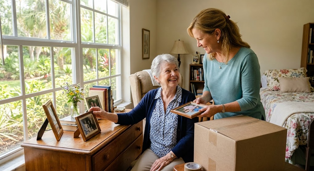 how-to-transition-a-parent-to-assisted-living-in-fort-myers.jpg An adult daughter helping her mother with how to transition a parent to assisted living in Fort Myers.