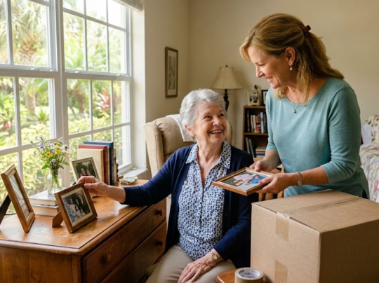 An adult daughter helping her mother with how to transition a parent to assisted living in Fort Myers.
