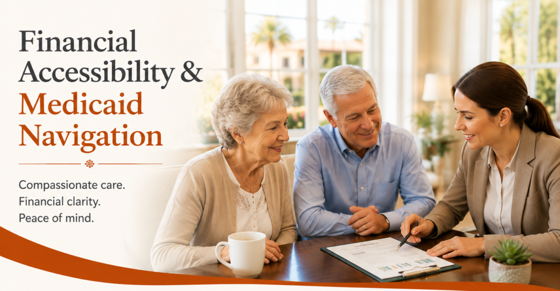 Medicaid Accepted Assisted Living in Fort Myers: Financial Accessibility Guide Medicaid accepted assisted living in Fort Myers with a senior resident and family advisor discussing care options, financial planning, and Florida SMMC-LTC waiver assistance to help families navigate affordable senior care solutions.