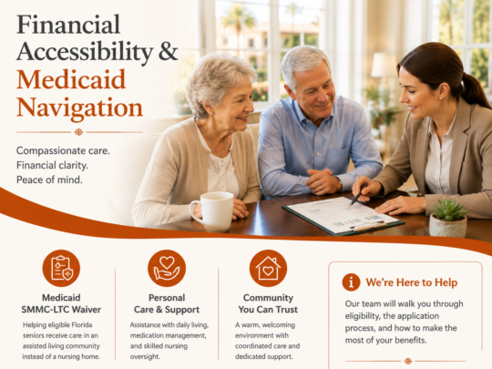 Medicaid accepted assisted living in Fort Myers with a senior resident and family advisor discussing care options, financial planning, and Florida SMMC-LTC waiver assistance to help families navigate affordable senior care solutions.