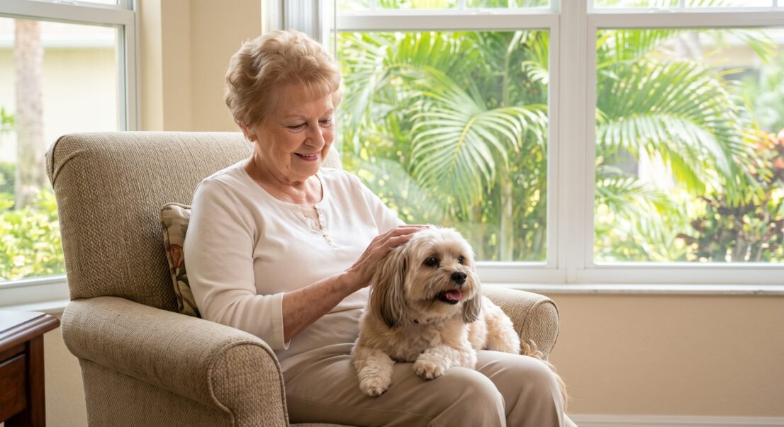 pet-friendly-assisted-living-fort-myers-fl An elderly woman sitting in an armchair with her small dog at a pet friendly assisted living in Fort Myers FL community.