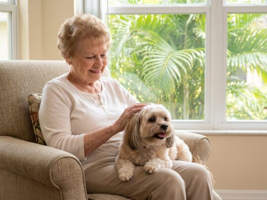 An elderly woman sitting in an armchair with her small dog at a pet friendly assisted living in Fort Myers FL community.
