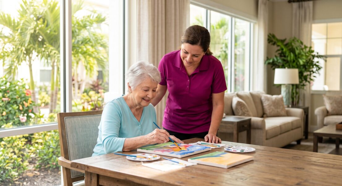 Seniors and staff enjoying lively senior living activities in Fort Myers FL inside an art lounge.