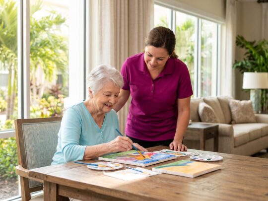 Seniors and staff enjoying lively senior living activities in Fort Myers FL inside an art lounge.