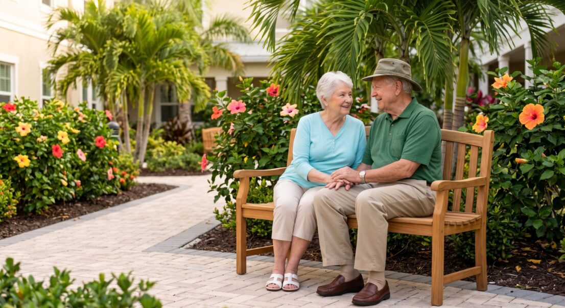 senior-living-for-couples-with-different-care-needs-fort-myers An elderly married couple holding hands on a garden bench exploring senior living for couples with different care needs Fort Myers.