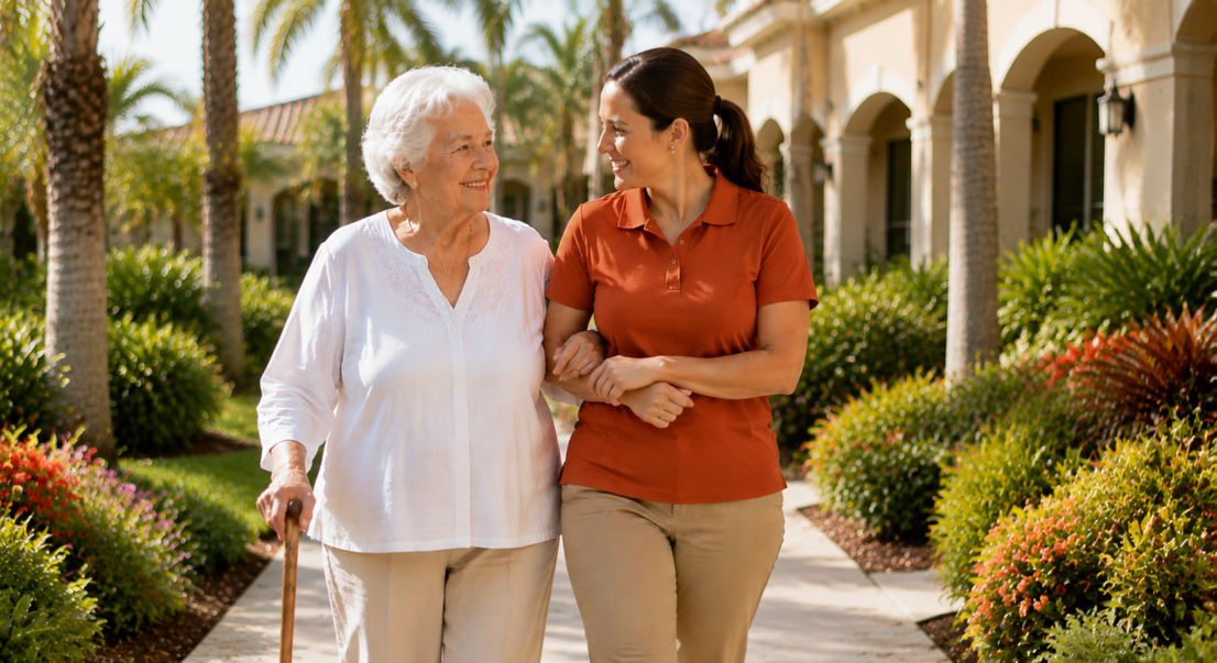 An elderly woman walking comfortably with a caring staff member along a garden path during an assisted living to memory care transition in Fort Myers.