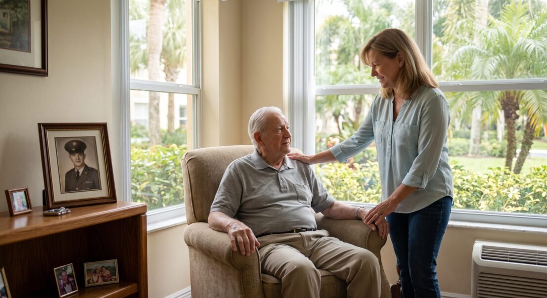 An elderly military veteran and his adult daughter smiling in a comfortable private studio at a community offering veterans assisted living in Fort Myers FL.